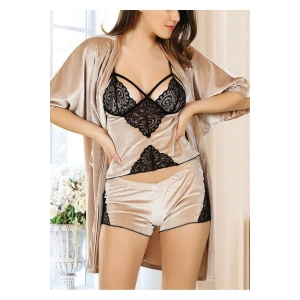 Vizon Kadife Dantelli Sabahlık & Gecelik Takım 3 Lü - 1398