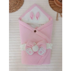Yenidoğan 4 Kat Müslin Kumaş Kulaklı Patili Fiyonk Bebek Battaniyesi Kundak Pembe