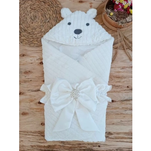 Yenidoğan Beyaz Wool Yün Kumaş Ayıcık Kulaklı Kundak Bebek Battaniyesi Beyaz