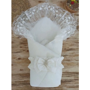 Yenidoğan Gelinlik Duvaklı Trilüks Kundak Bebek Battaniyesi Ekru