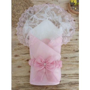 Yenidoğan Kumru İnci Fiyonk Kristal Parlak Duvaklı Kundak Bebek Battaniyesi Pembe