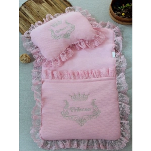 Yenidoğan Sahra Taç Nakışlı Trilüks 2li Alt Açma Seti Pembe