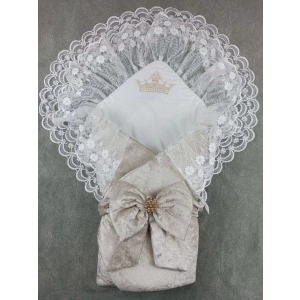 Yenidoğan Sar Kadife Taç Nakışlı İnci Fiyonklu Çift Dantel Duvak Trilüks Kundak Bebek Battaniyesi Vizon-ekru