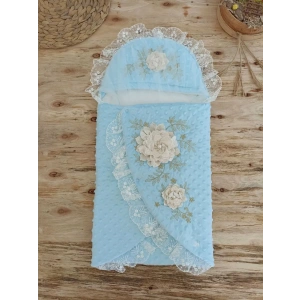 Yenidoğan Topçikli Gül Bahçesi Tül Örtülü Kız Erkek Bebek Klasik Kundak Bebek Battaniyesi Mavi