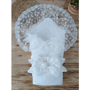 Yenidoğanışığı Papatya Dantelli Taşlı Fiyonk Bebek Battaniyesi Kundak Ekru