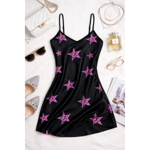 Yıldız Desenli Siyah Saten Gecelik