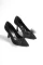 Siyah Saten Kadın Tül Fiyonklu Topuklu Ayakkabı