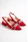 Kırmızı Saten Kadın Kalın Taşlı Kısa Topuklu Ayakkabı
