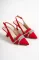 Kırmızı Saten Kadın Kalın Taşlı Topuklu Ayakkabı