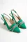 Yeşil Saten Kadın Kalın Taşlı Topuklu Ayakkabı