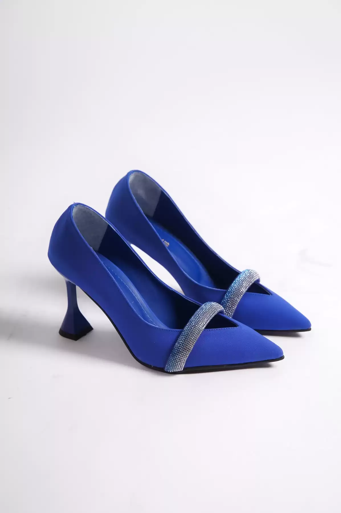 Blue Satin WomenS Stone Thin Heels Evening Shoes