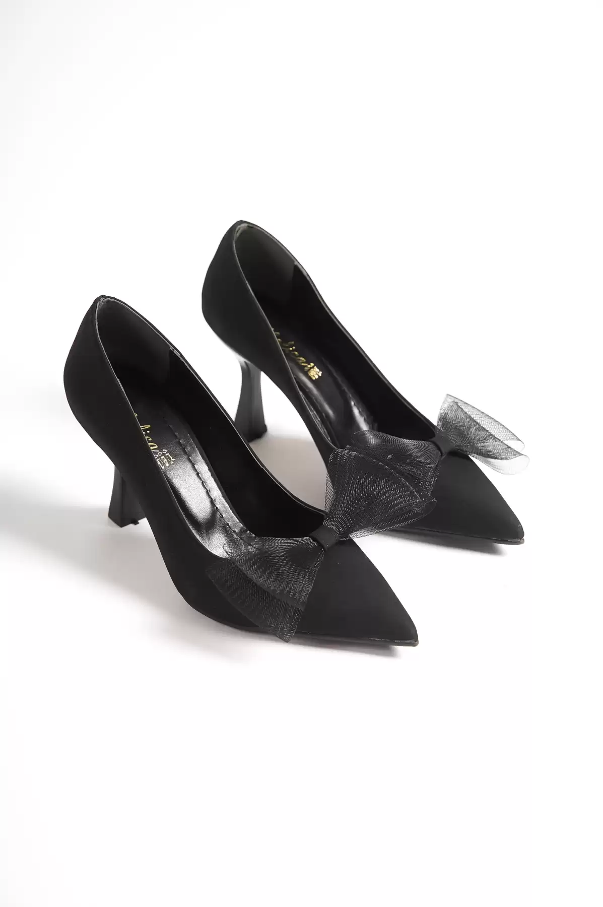 Black Satin Woman Tulle Bowl Heel Shoes