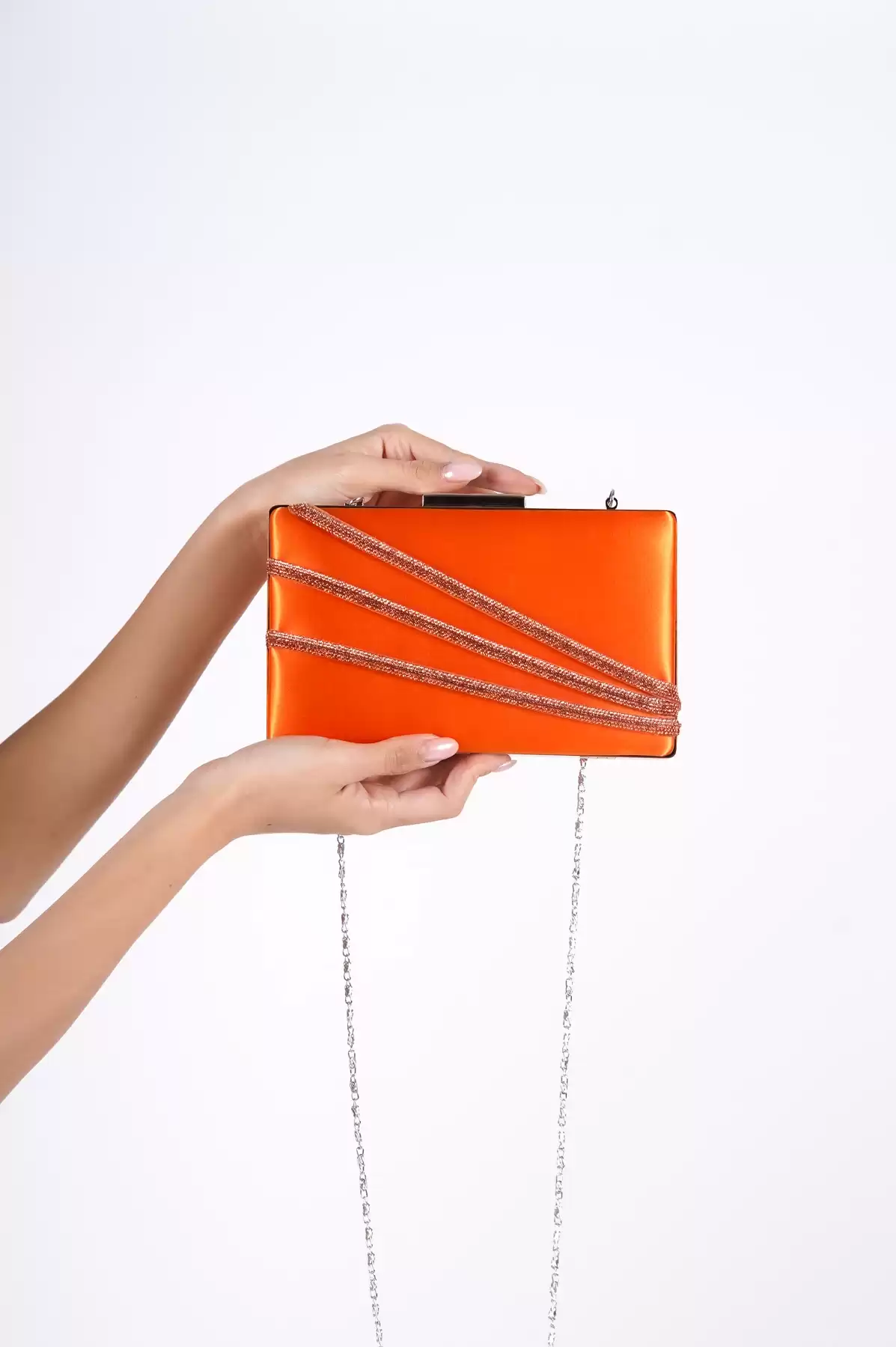 Orange Satin Woman Flat Stone Dressing Bag