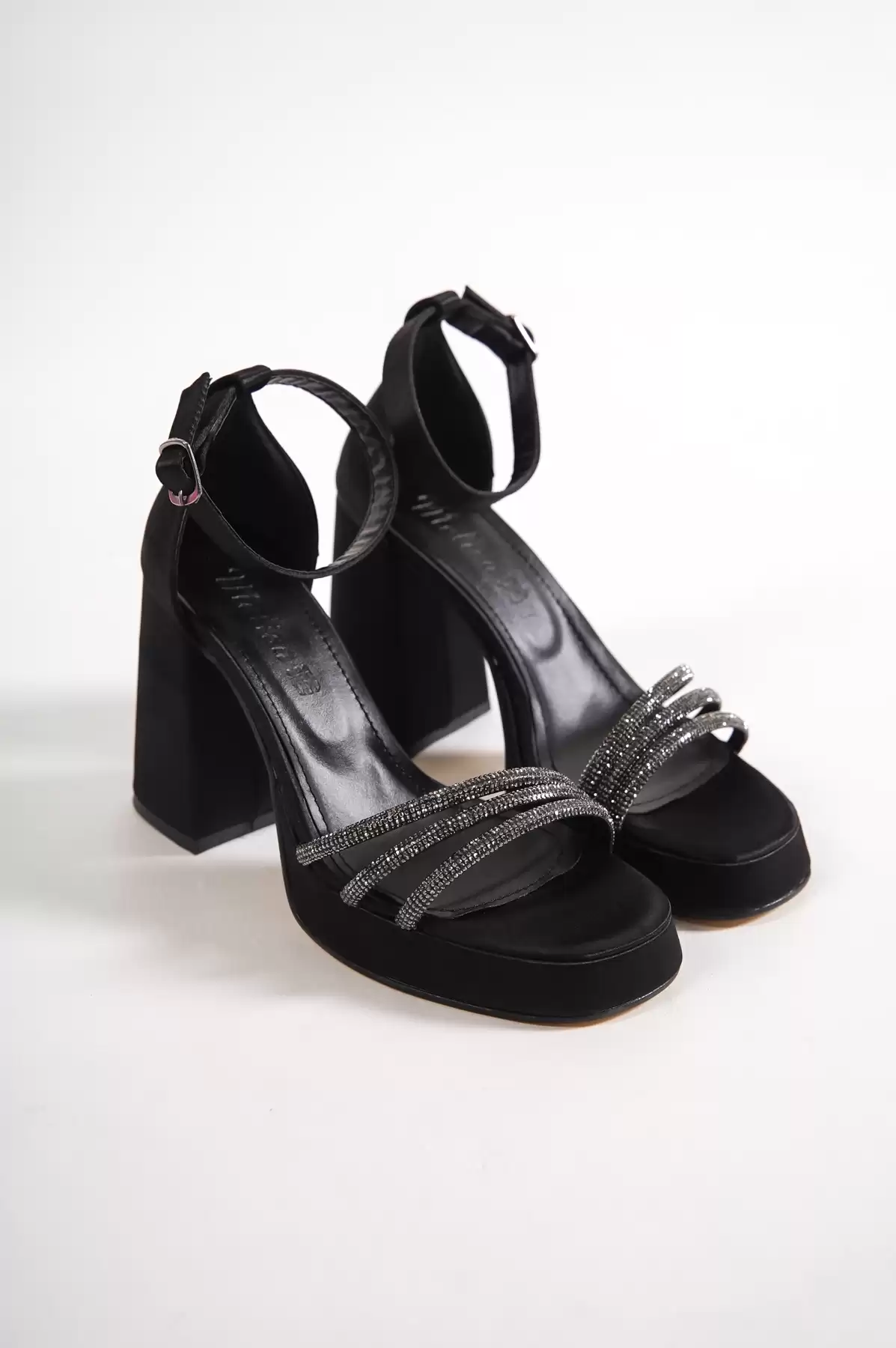 Black Satin Woman Three Stone Platform Heel Shoes