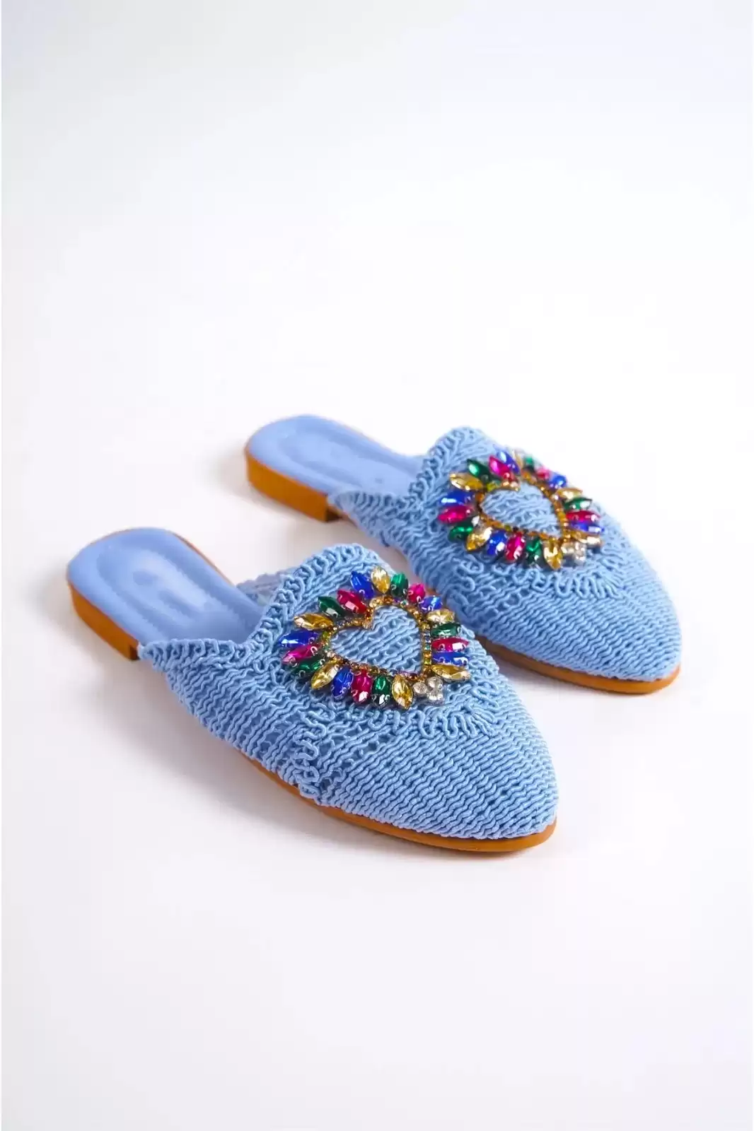 Baby Blue Lace Woman Lace Colored Stone Slippers