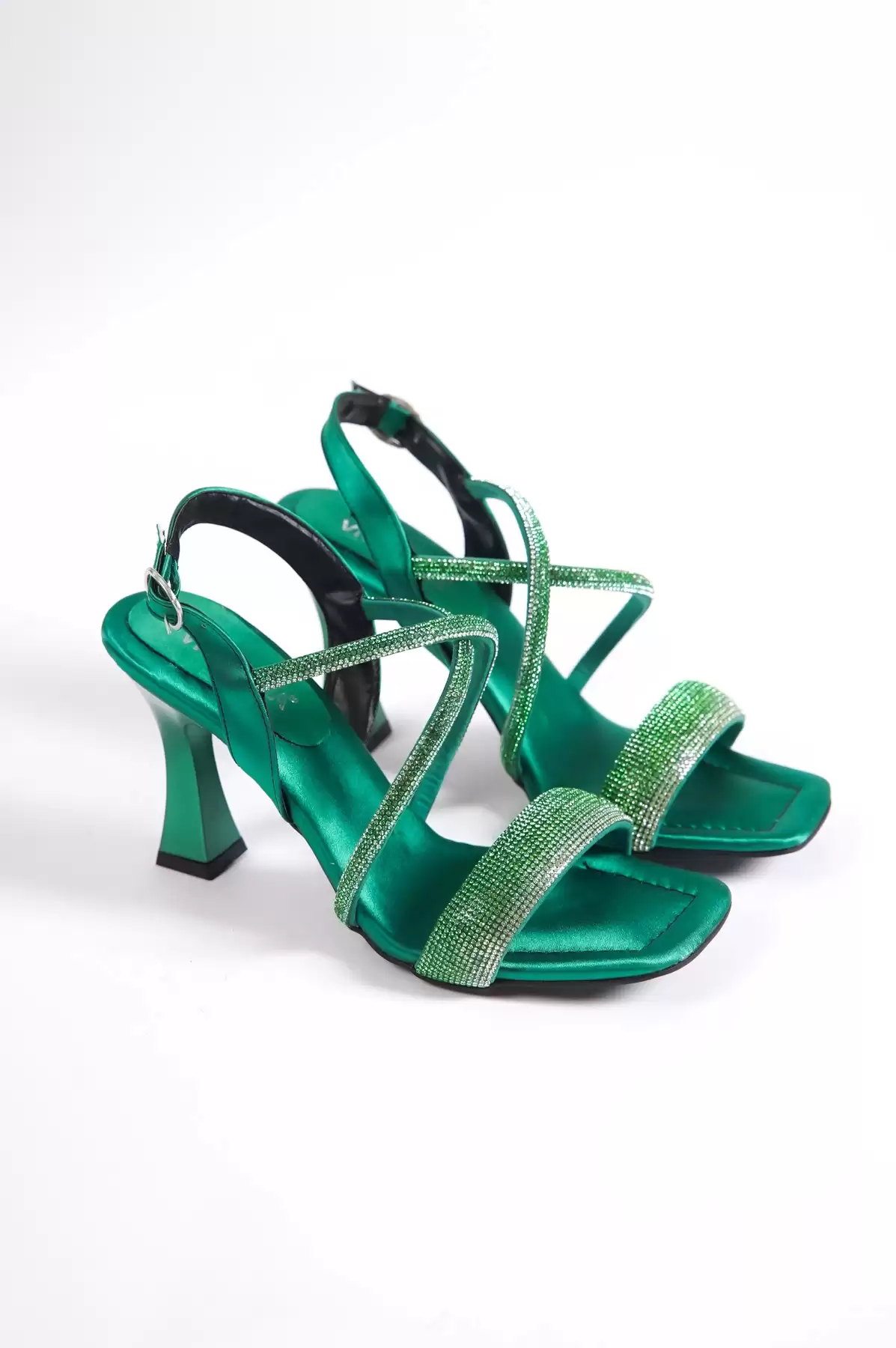 Green Satin Woman Cross Thick Stone Evening Shoes