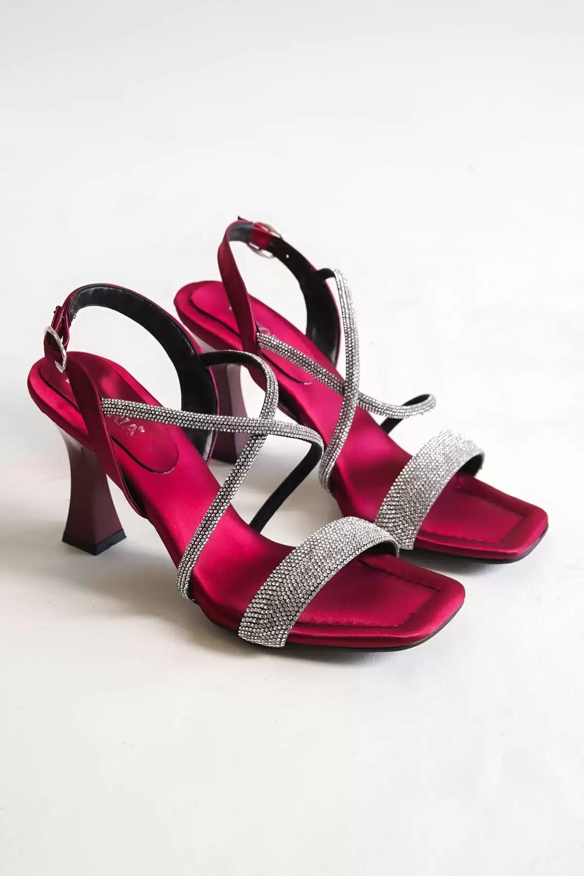 Bordeaux Satin Woman Cross Thick Stone Evening Shoes