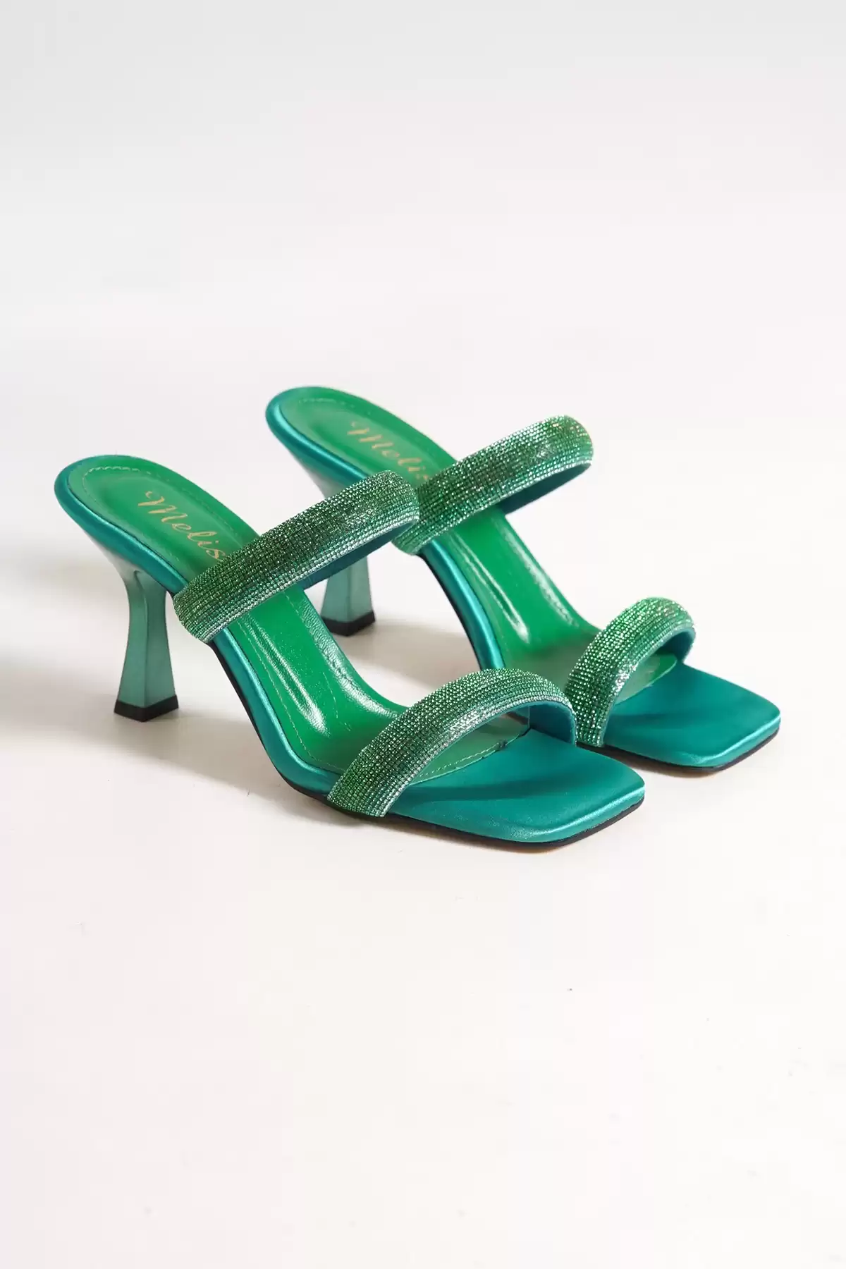 Green Satin Woman Heels Shoes