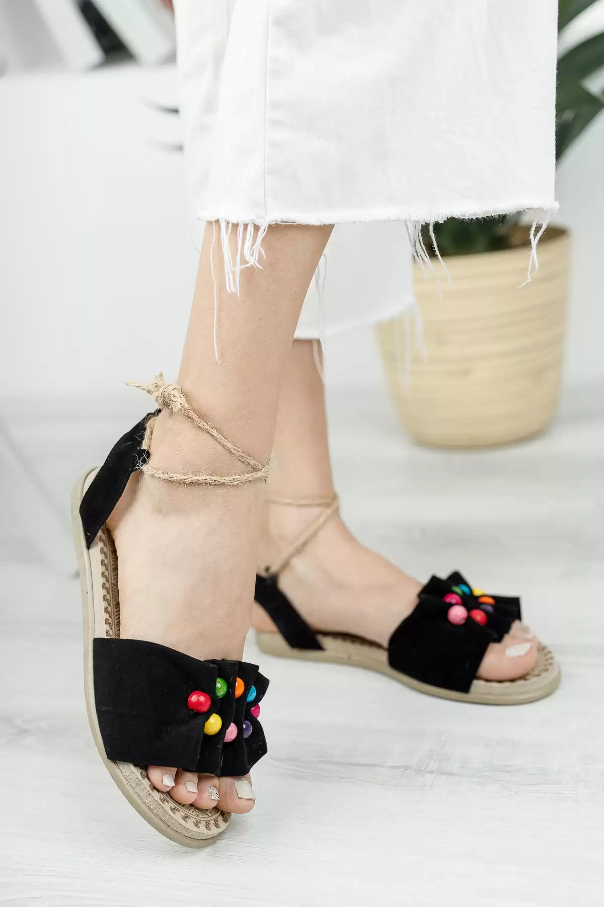 Black Suede Beaded Woman Beaded Sandals