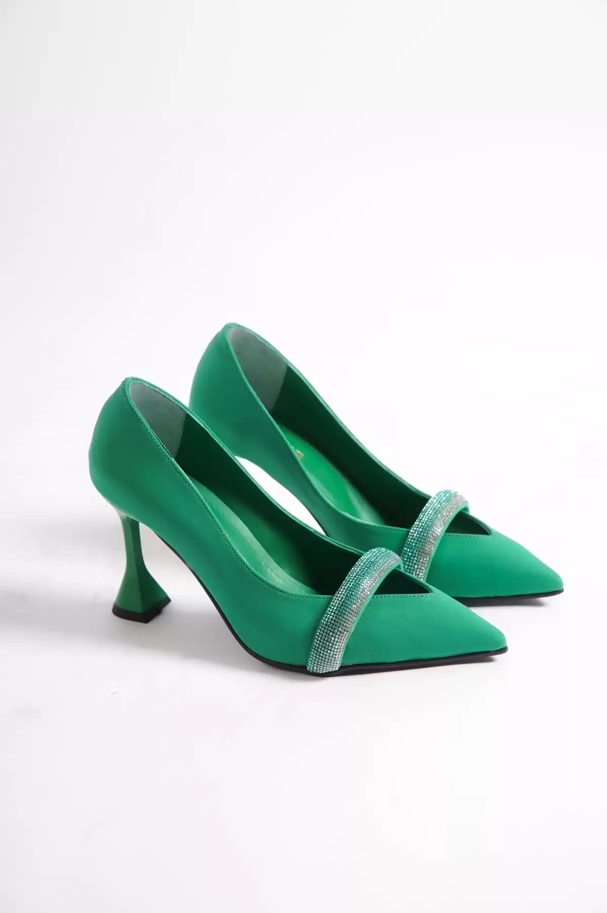 Green Satin WomenS Stone Thin Heels Evening Shoes