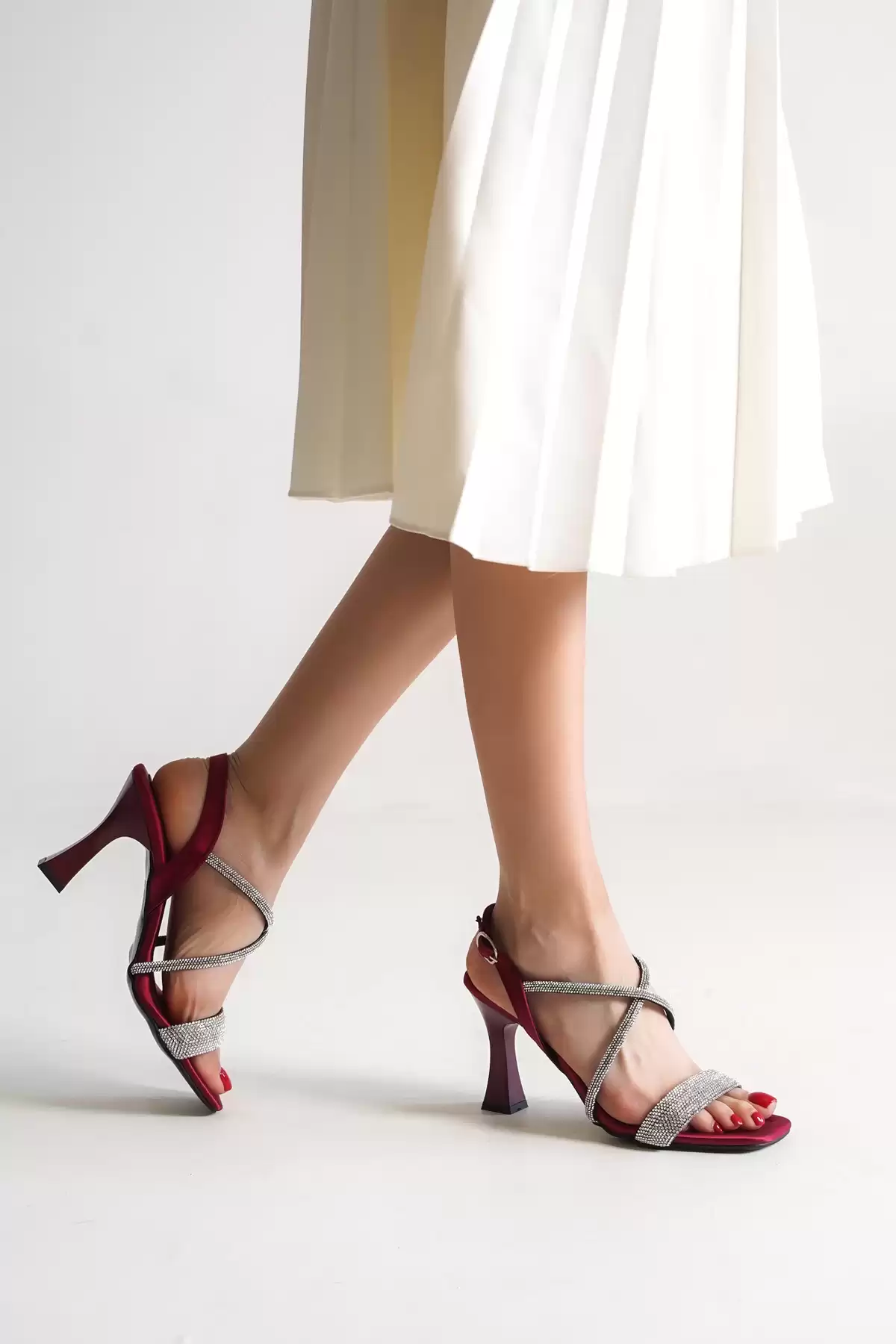 Bordeaux Satin Woman Cross Thick Stone Evening Shoes