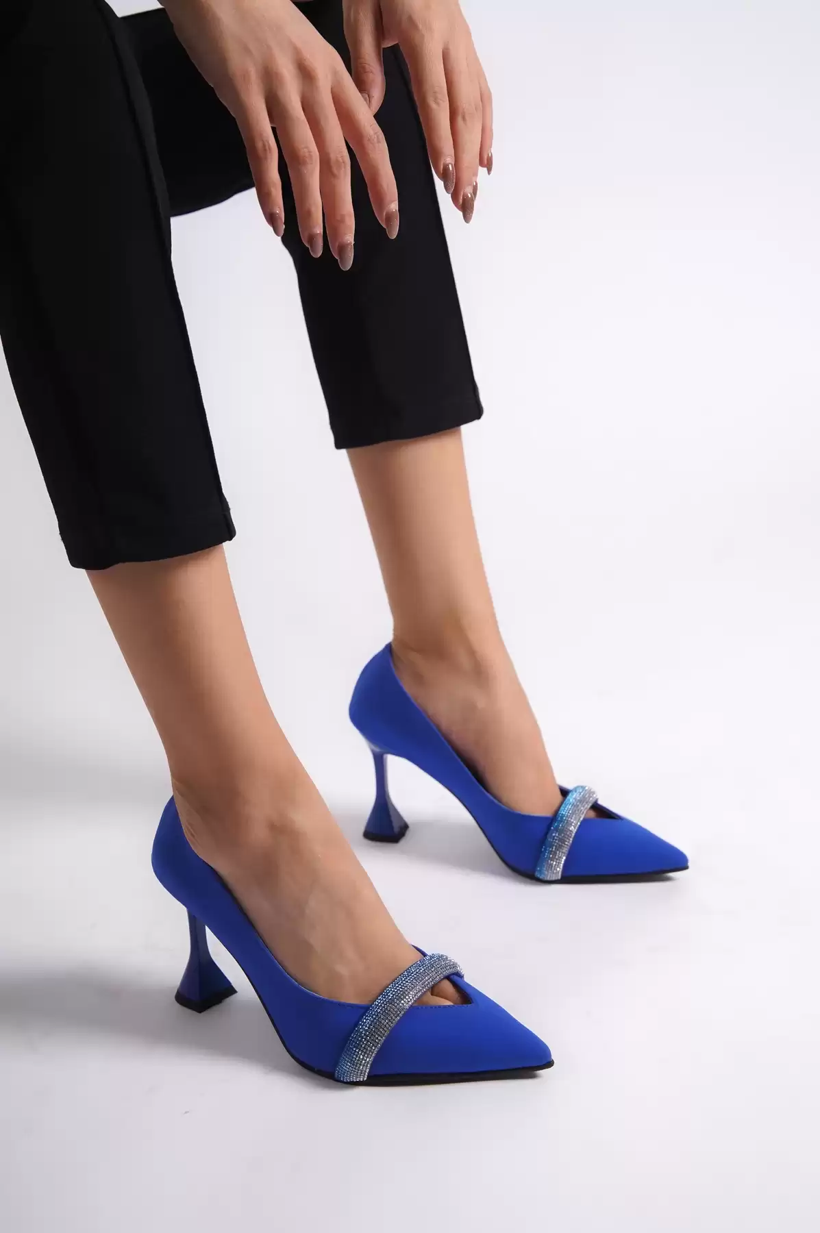 Blue Satin WomenS Stone Thin Heels Evening Shoes