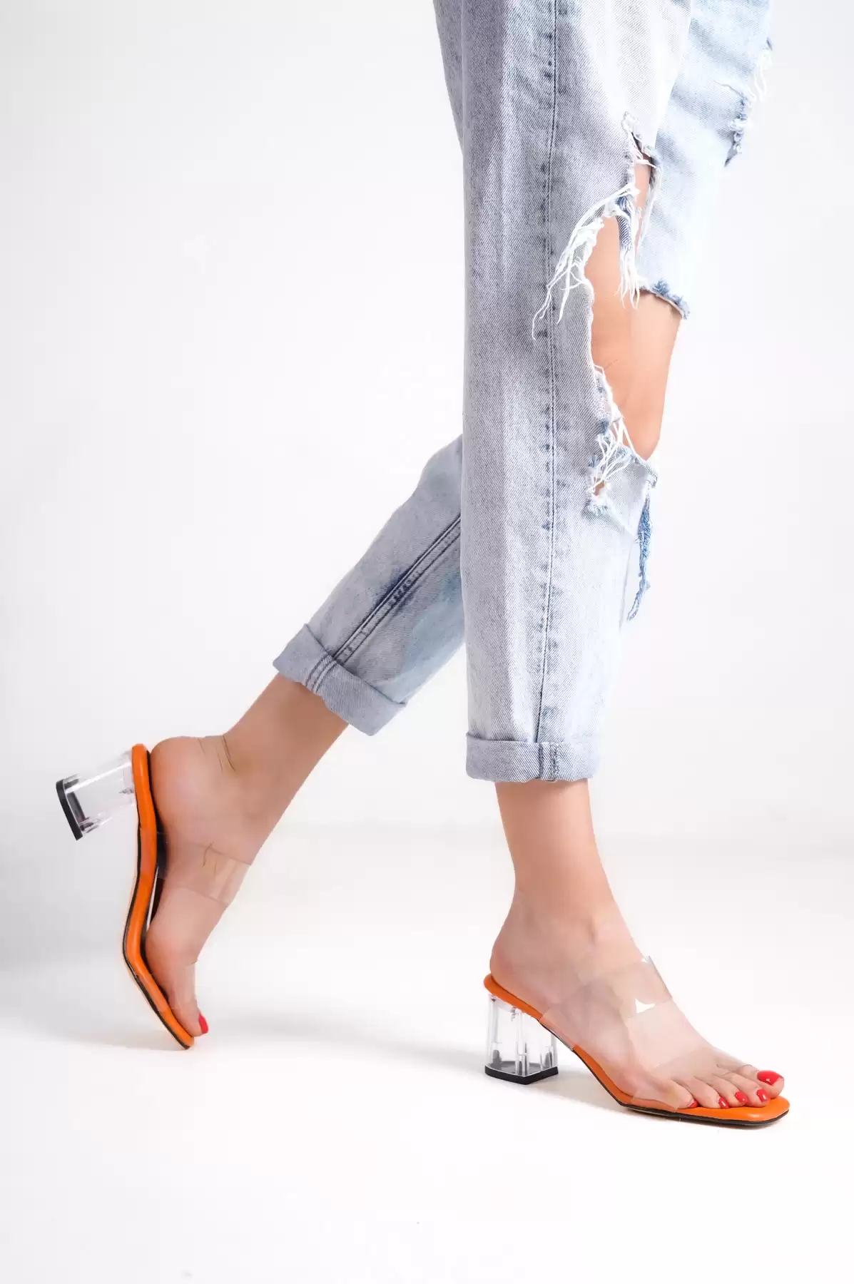 Orange-Black Female Transparent Heeled Shoes