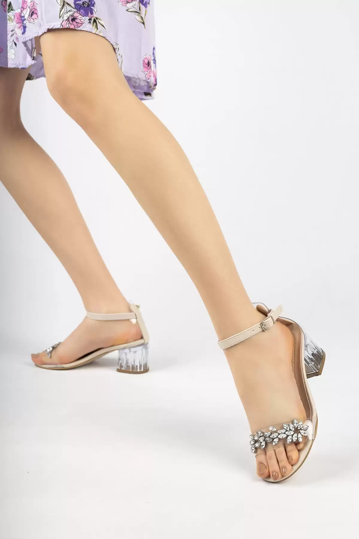 Beige Transparent Woman Stone Heel Shoes