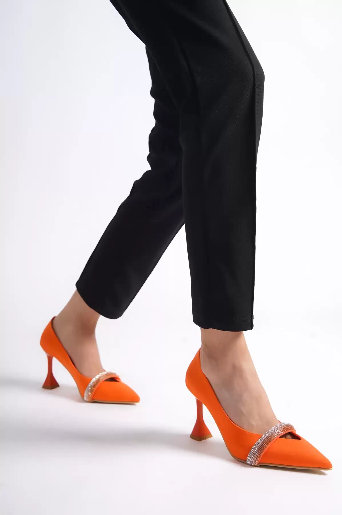 Orange Satin WomenS Stone Thin Heels Evening Shoes