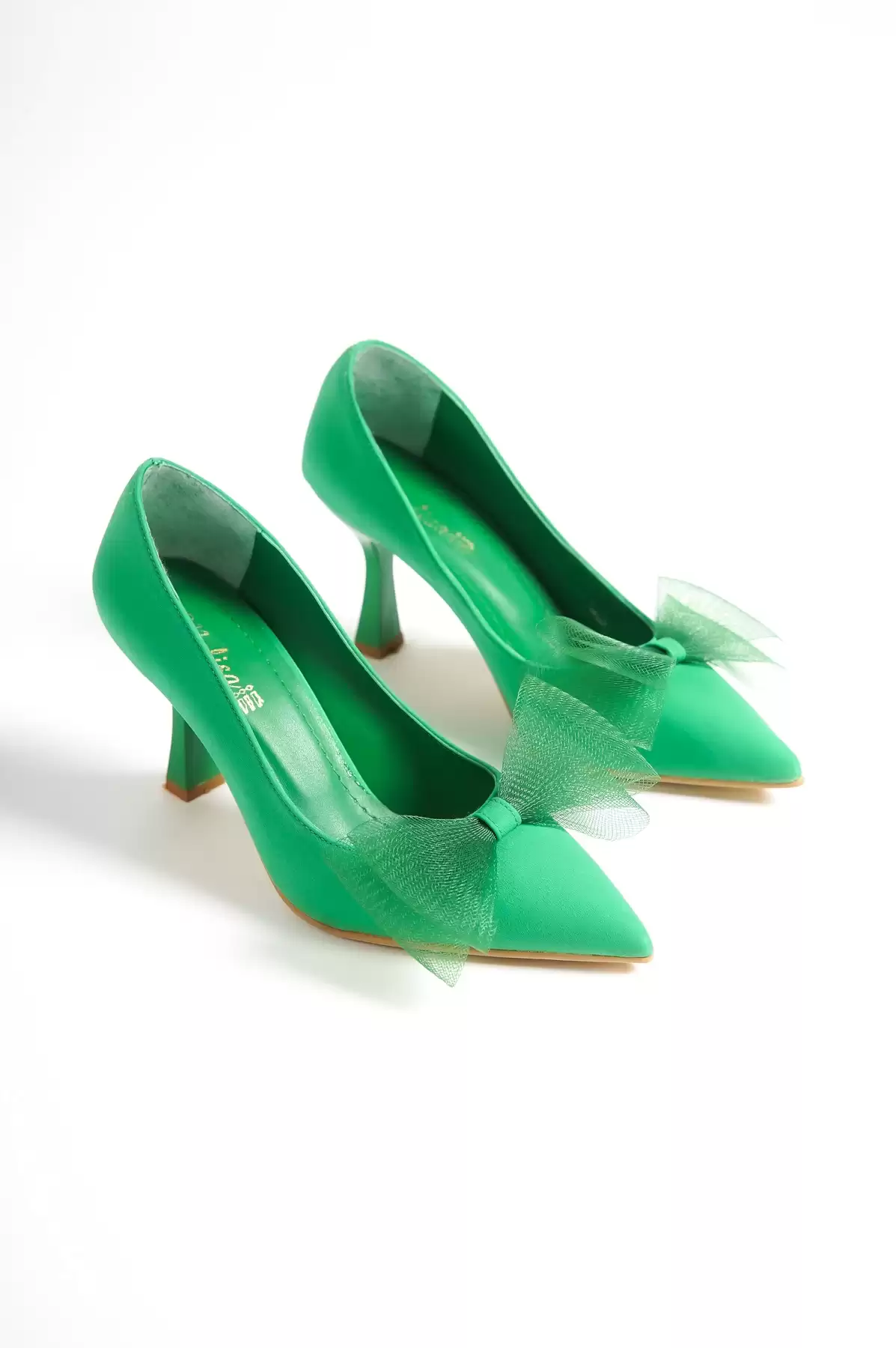 Green Satin Female Tulle Bowl Heels