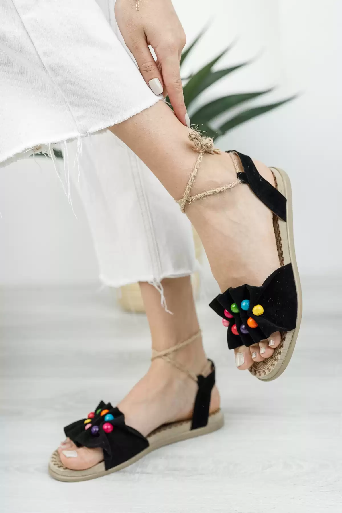 Black Suede Beaded Woman Beaded Sandals