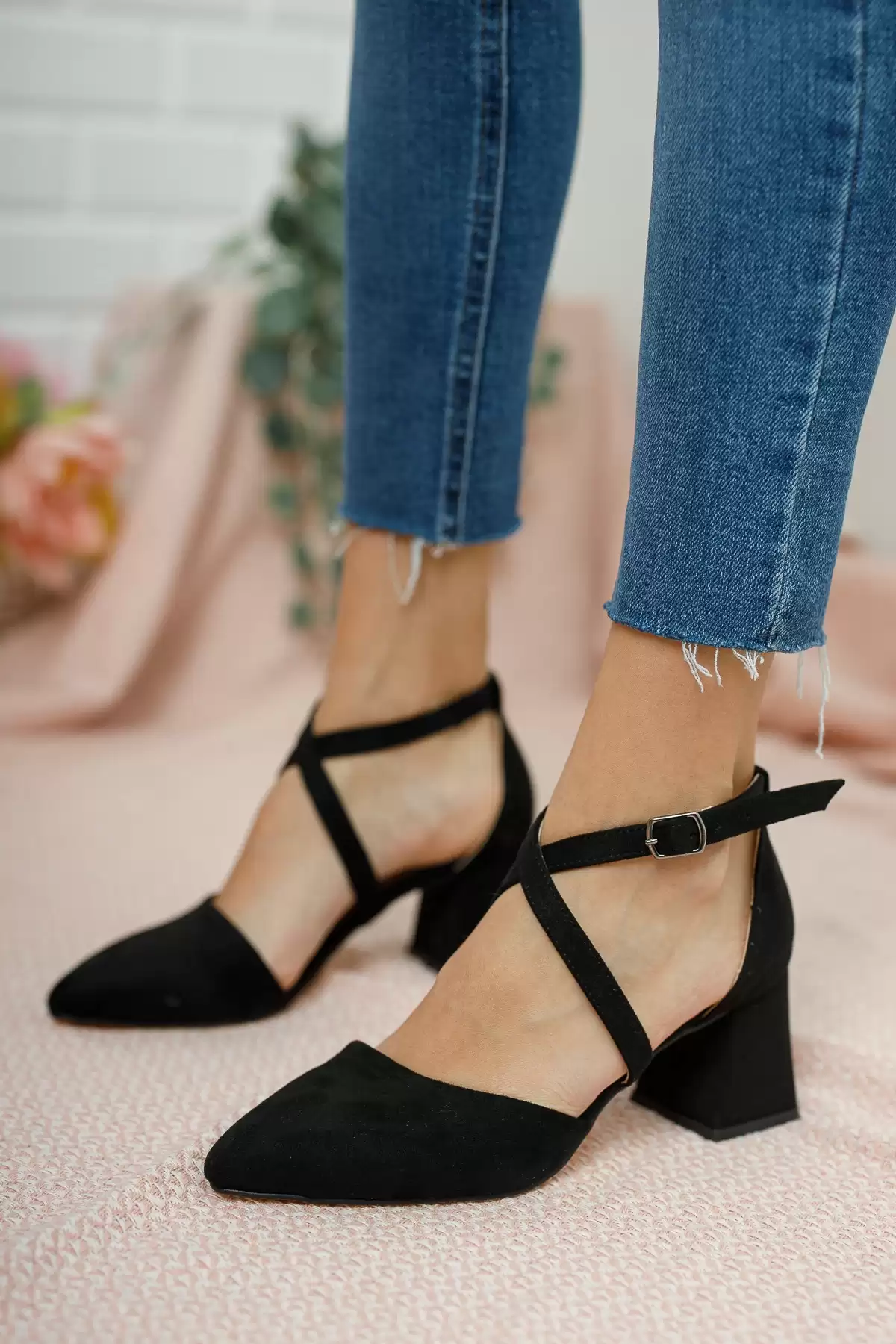 Black Suede Woman Cross Classic Heels Shoes