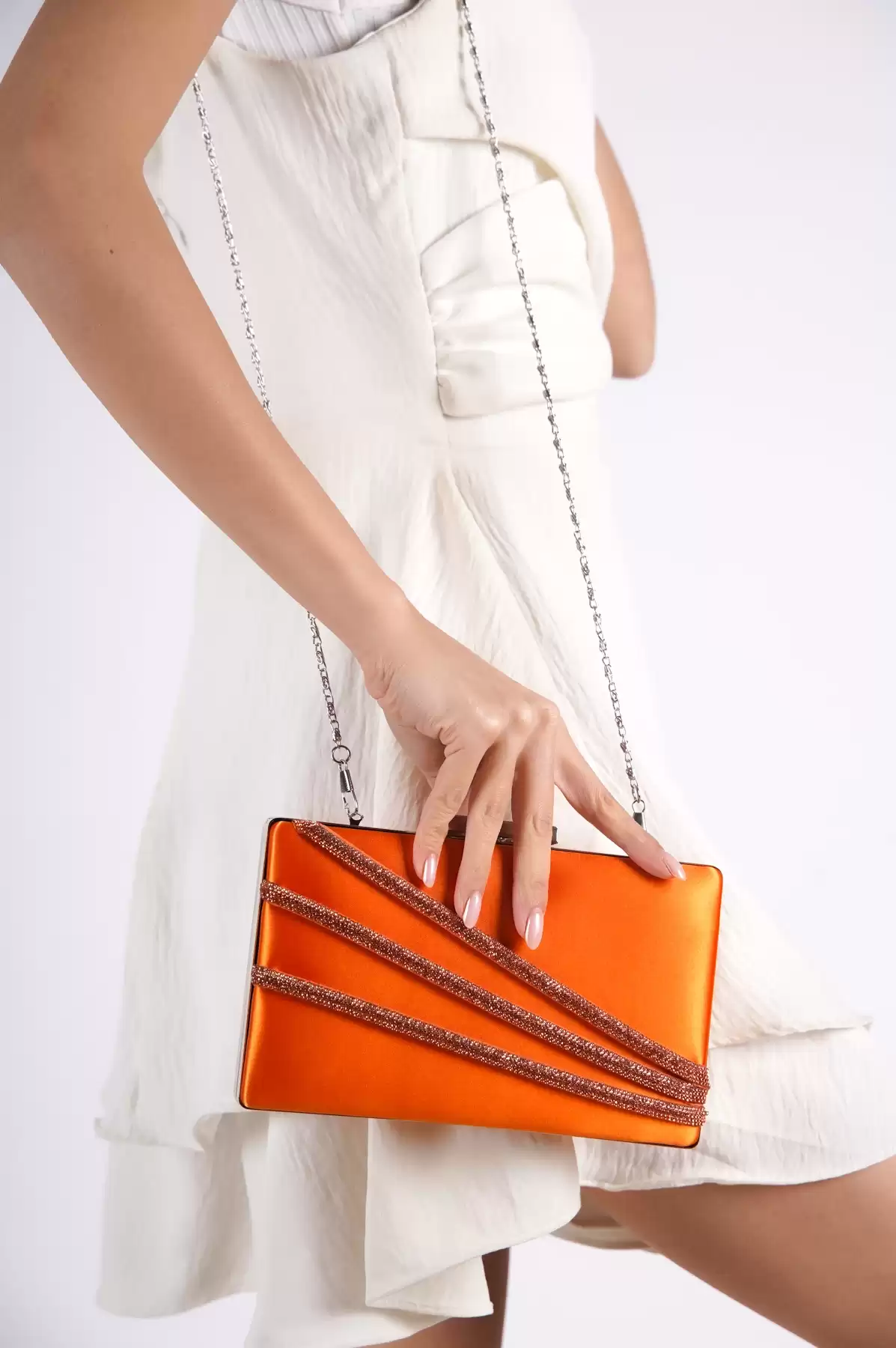 Orange Satin Woman Flat Stone Dressing Bag