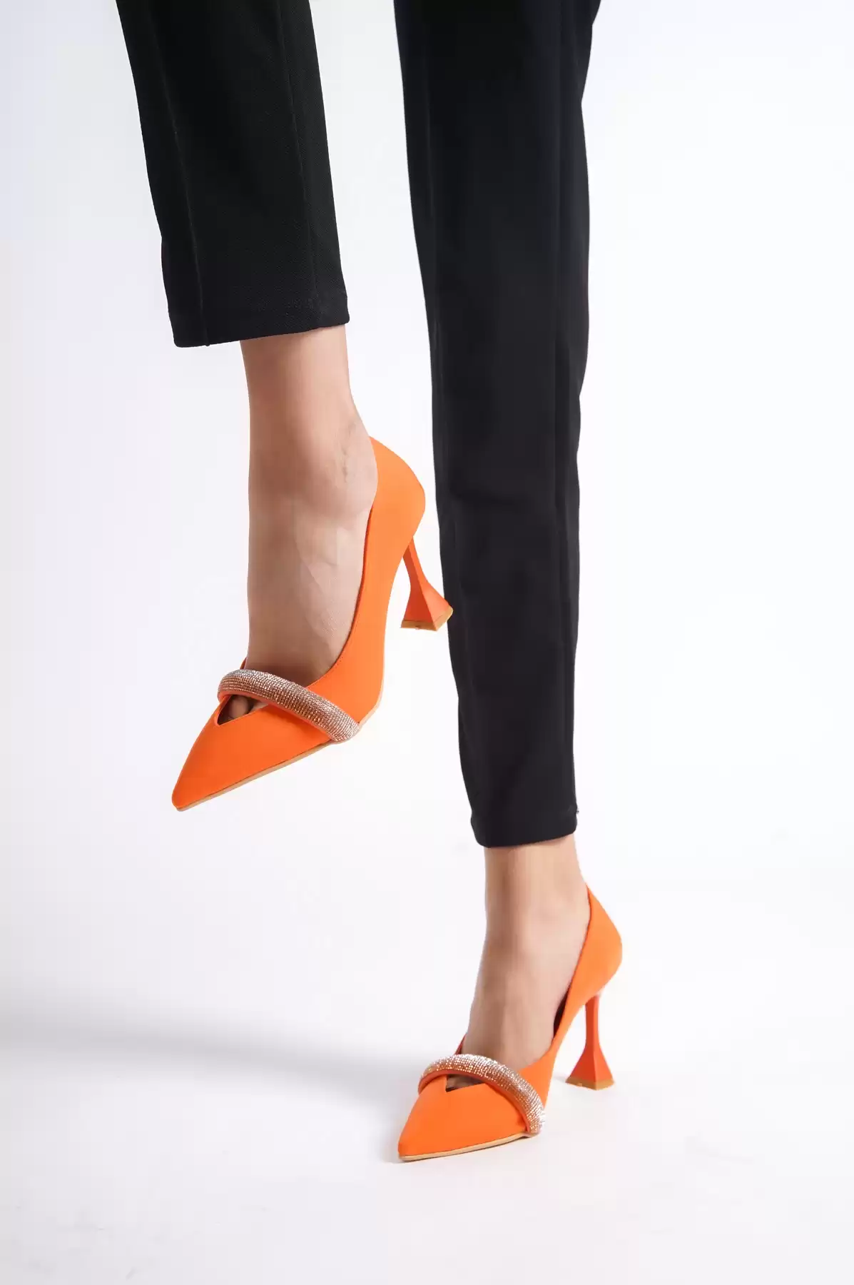 Orange Satin WomenS Stone Thin Heels Evening Shoes