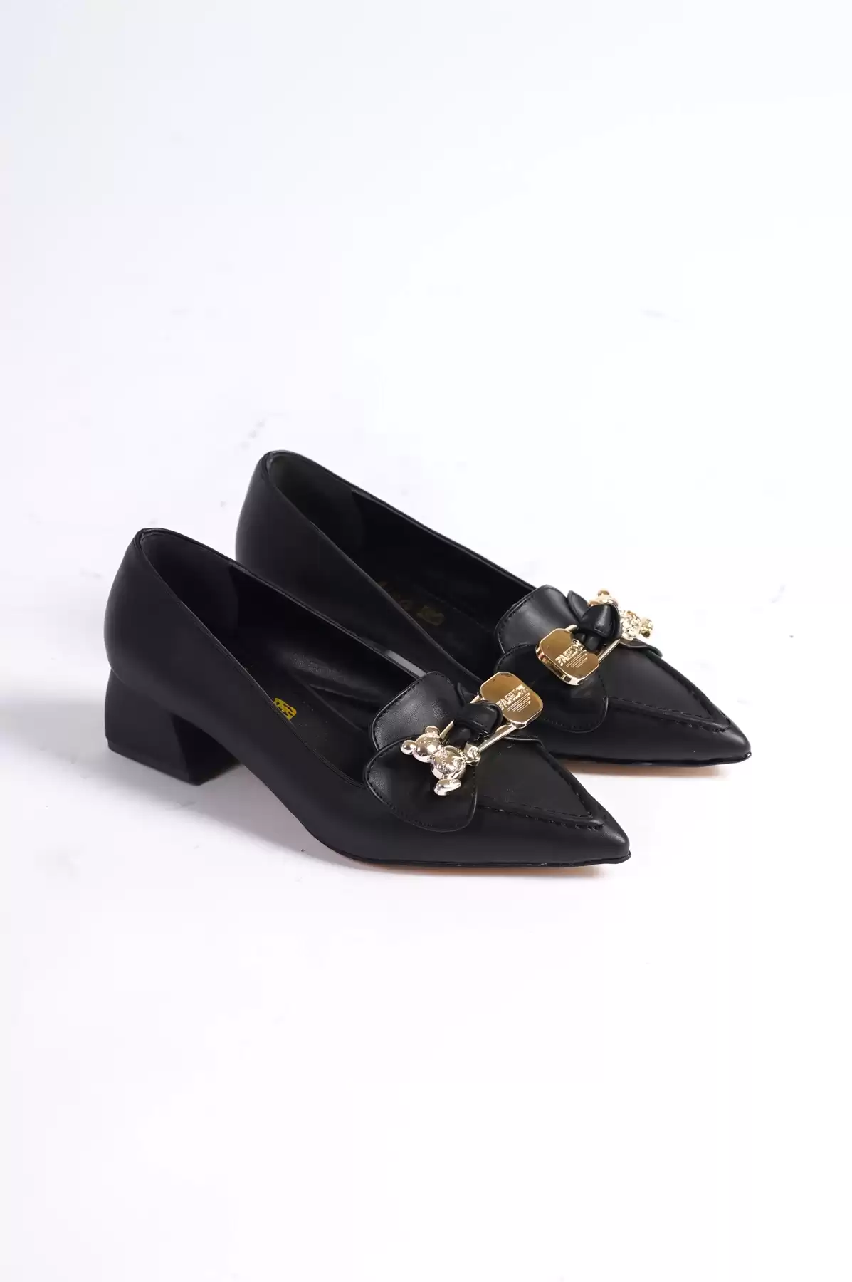 Black Faux Leather Womens Ribbon Low Heel Shoes