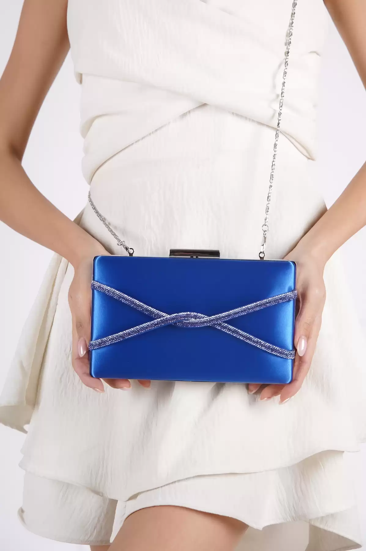 Blue Satin Woman Cross Stone Dressing Bag