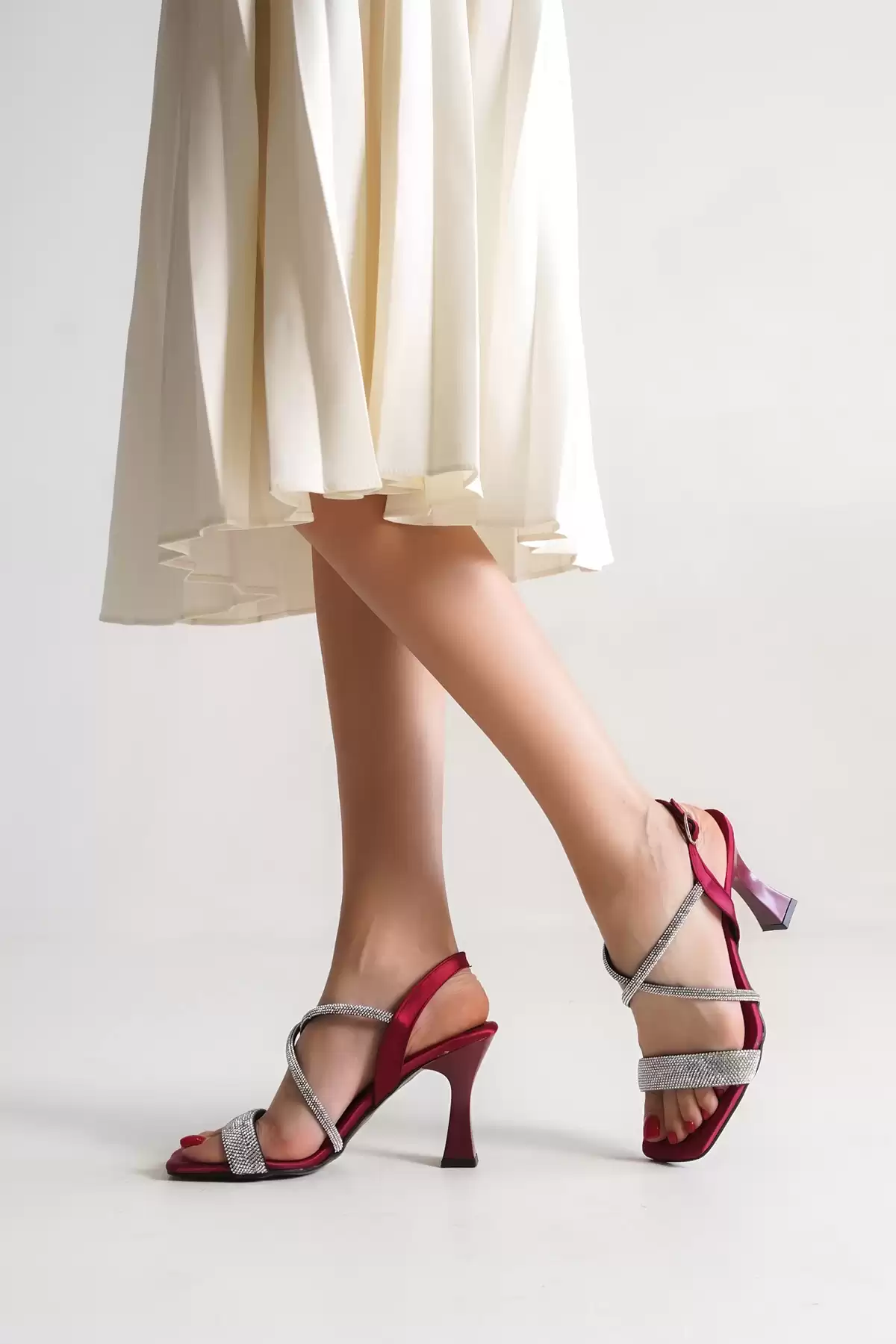 Bordeaux Satin Woman Cross Thick Stone Evening Shoes