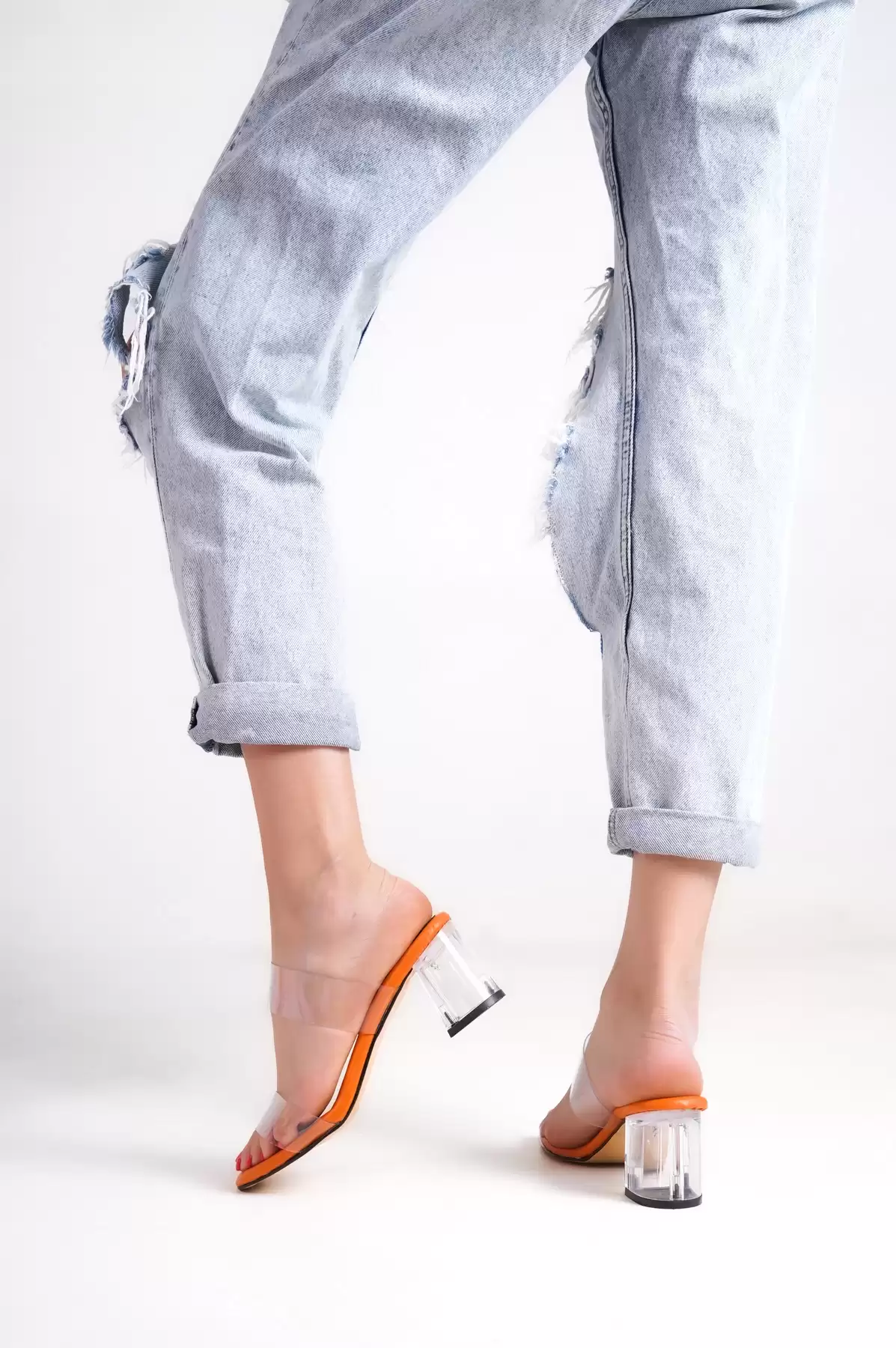 Orange-Black Female Transparent Heeled Shoes