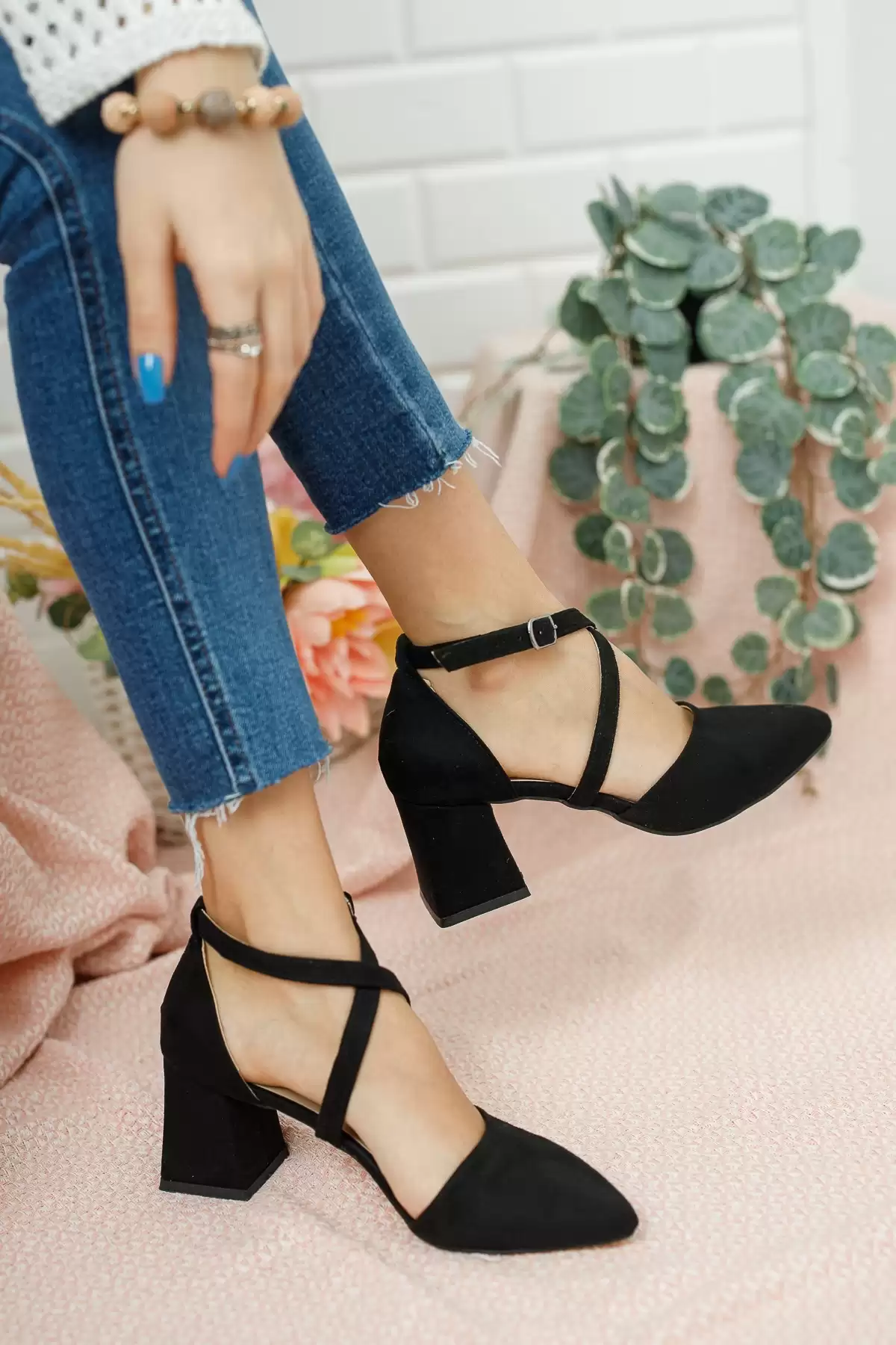 Black Suede Woman Cross Classic Heels Shoes