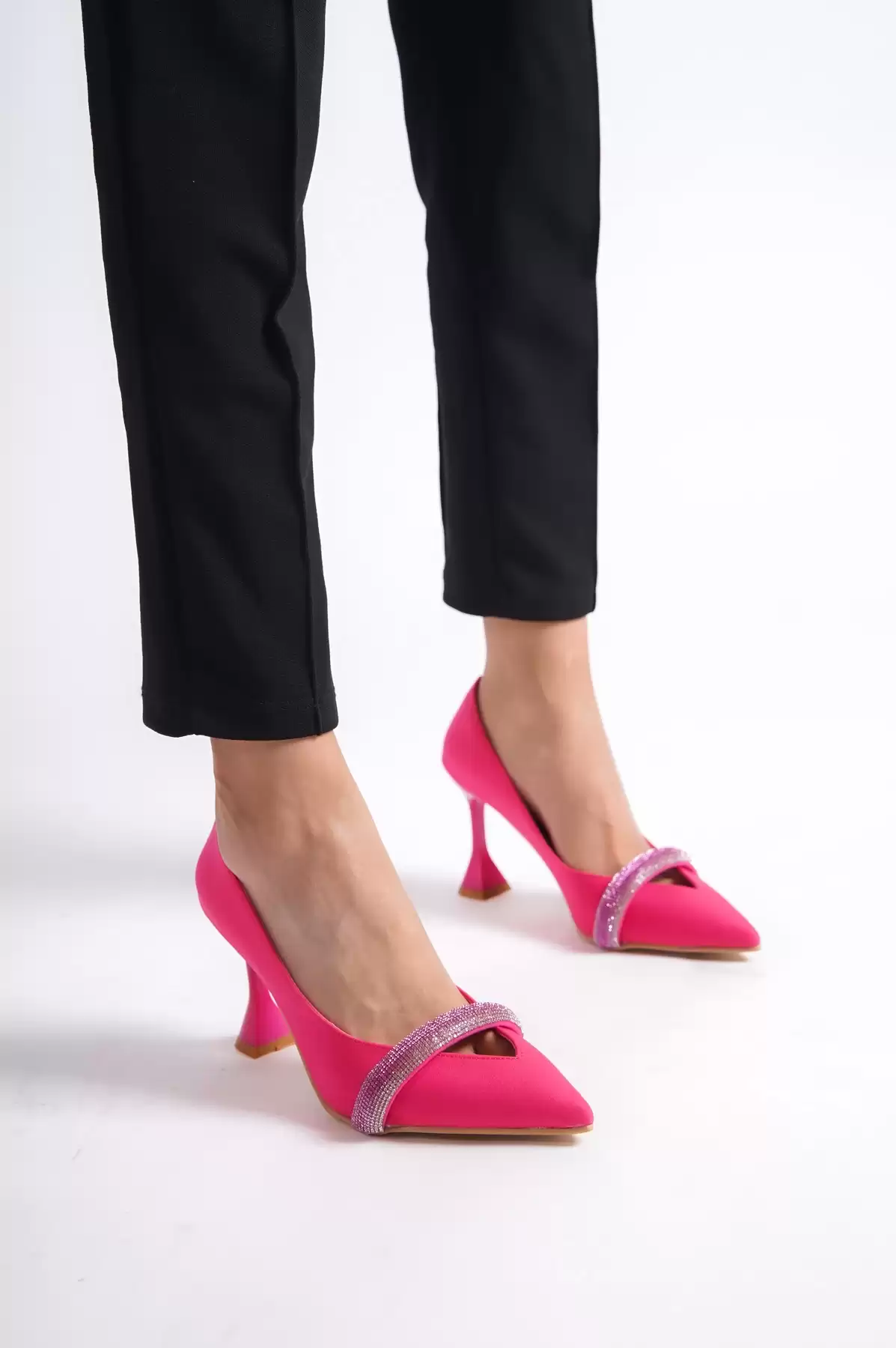 Fuchsia Satin WomenS Stone Thin Heels Evening Shoes