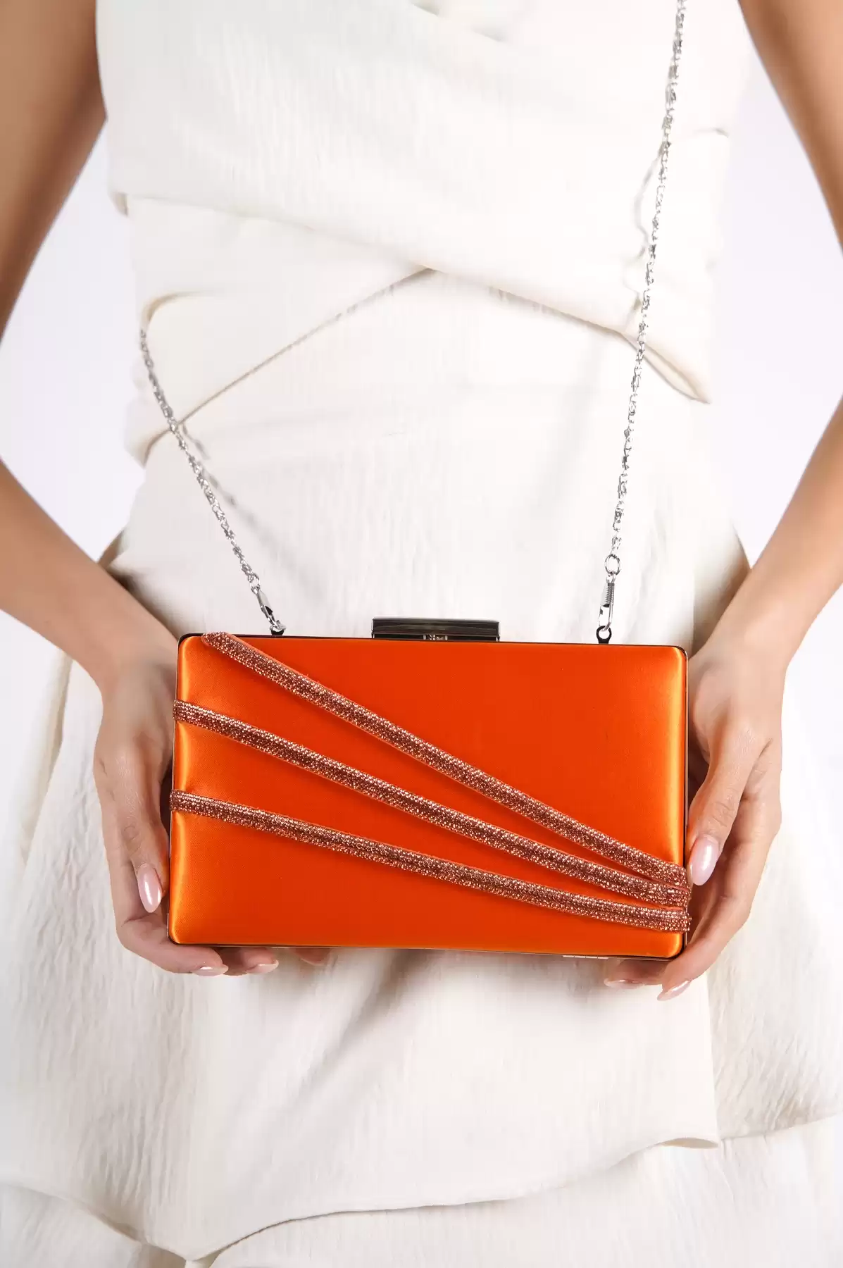 Orange Satin Woman Flat Stone Dressing Bag