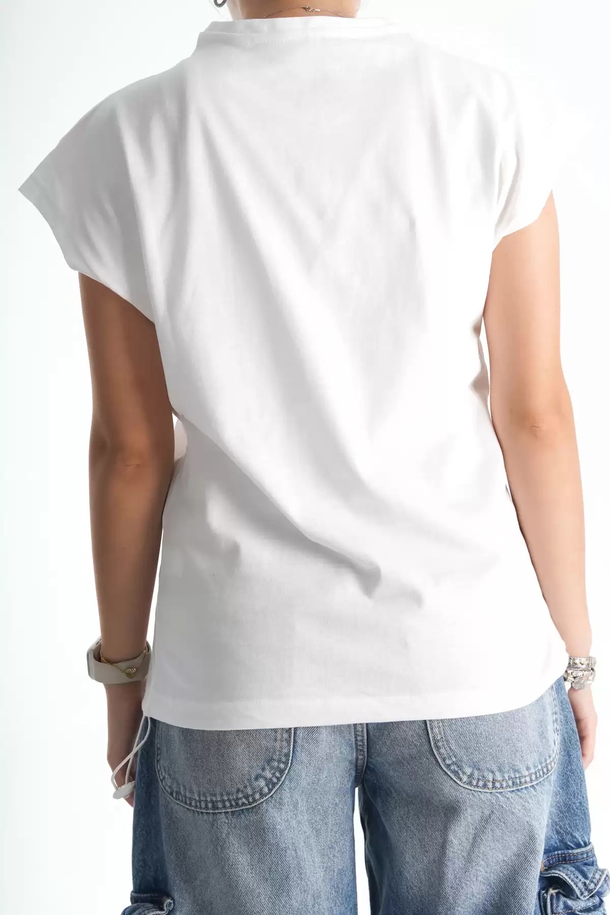 Krem Kadın Kedi Baskılı Alttan Lastikli Oversize Tshirt