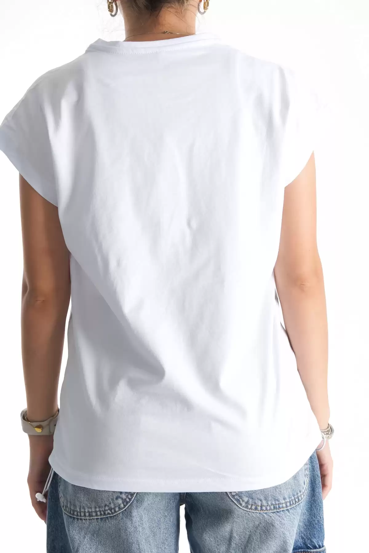 Beyaz Kadın Kedi Baskılı Alttan Lastikli Oversize Tshirt