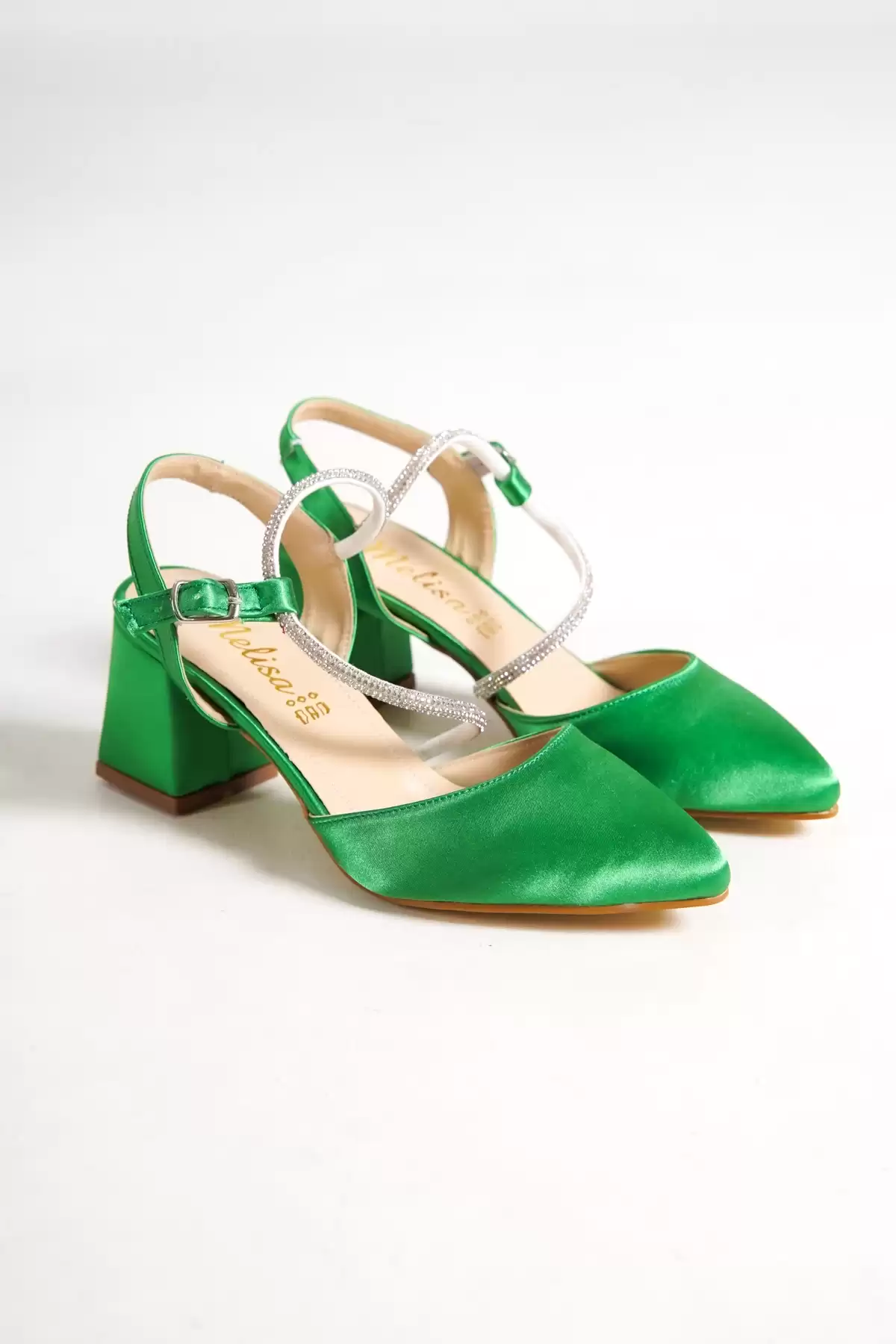 Green Satin WomenS Stone Classic Heels Shoes