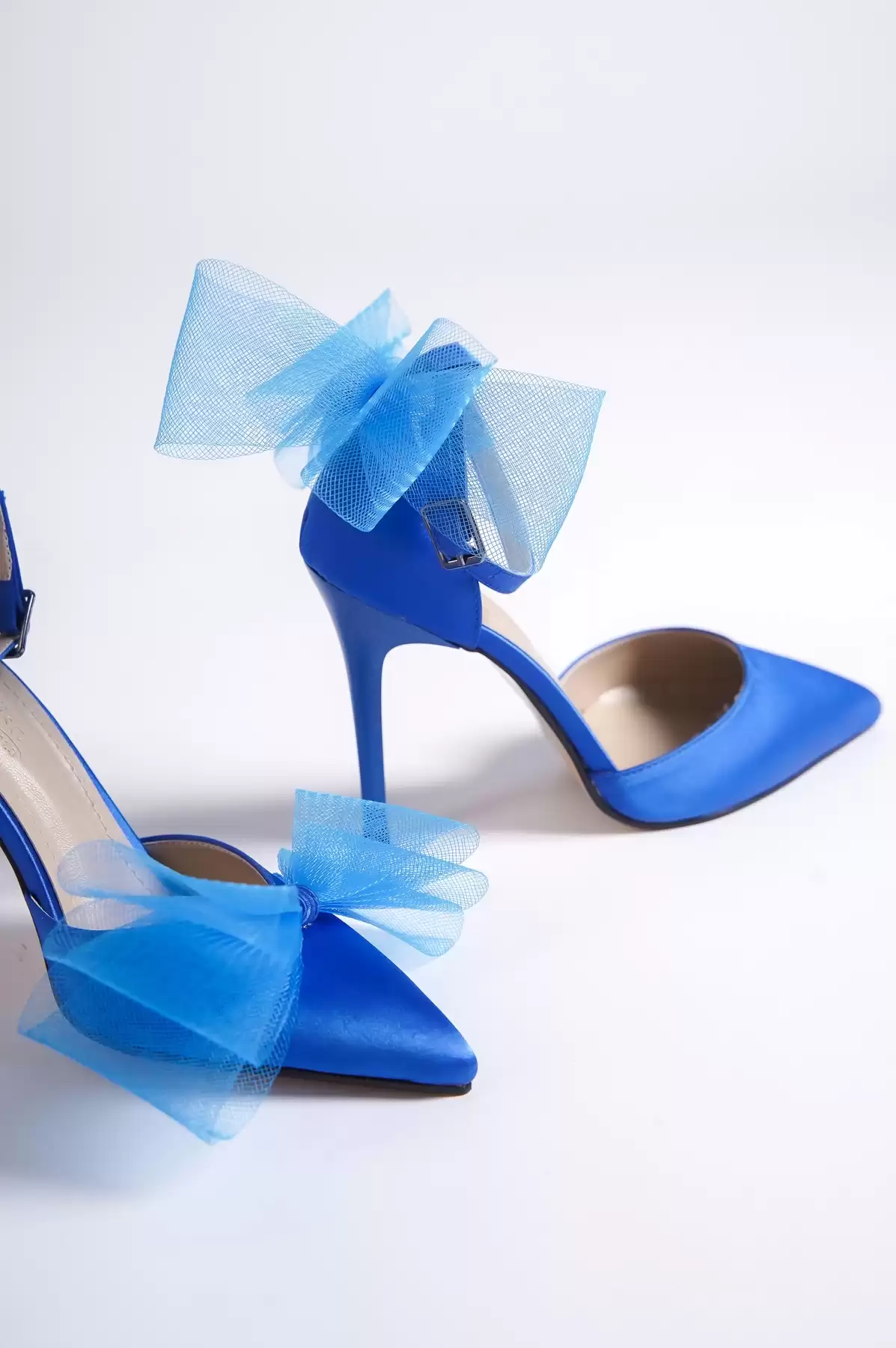 Blue Satin Woman Tulle Bow Stiletto