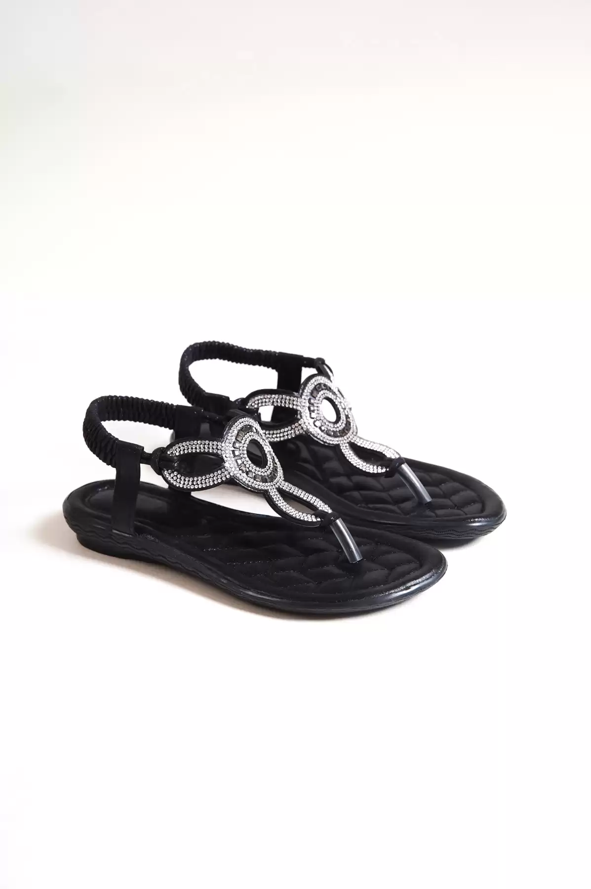 Black Silvery Woman With Stone Tire Finger Sandals