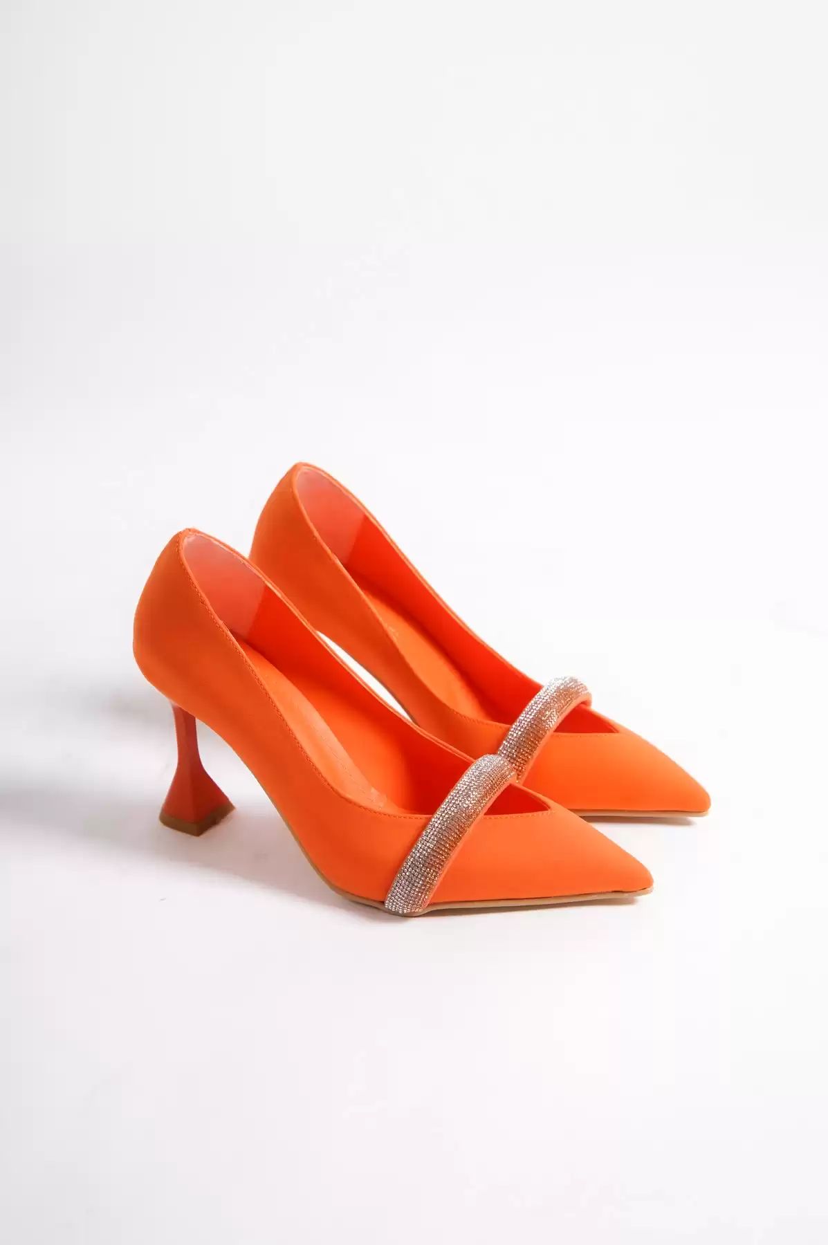 Orange Satin WomenS Stone Thin Heels Evening Shoes