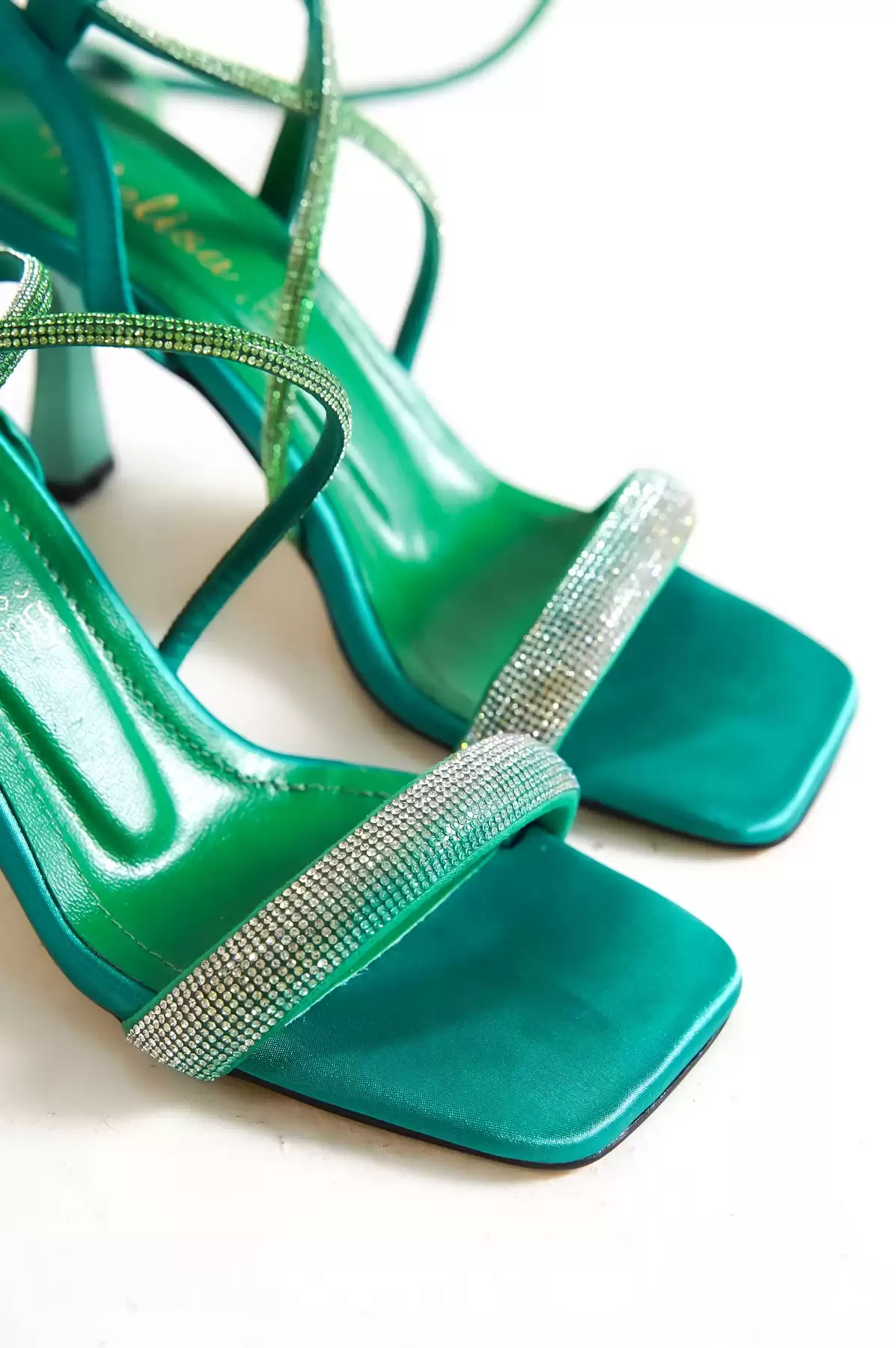 Green Satin Woman Stone Rope Heels Evening Shoes