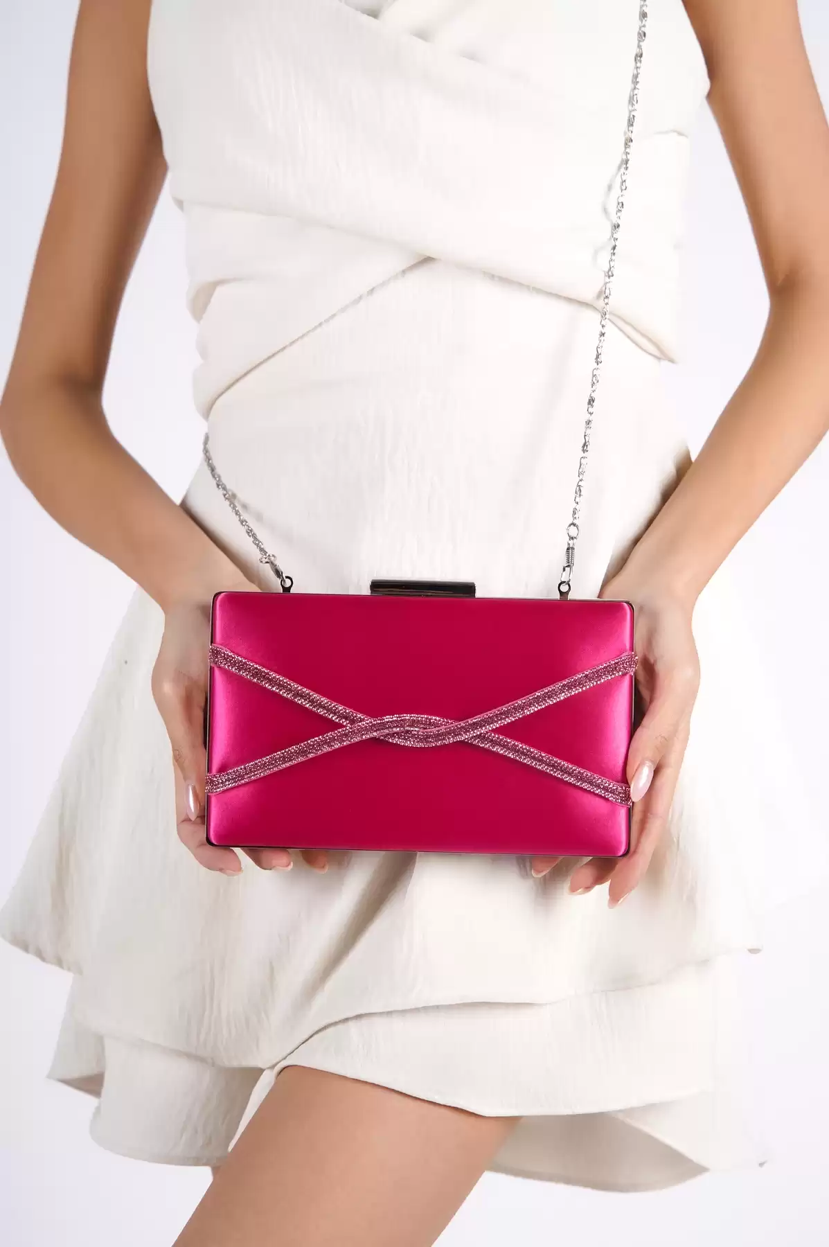 Fuchsia Satin Woman Cross Stone Dressing Bag