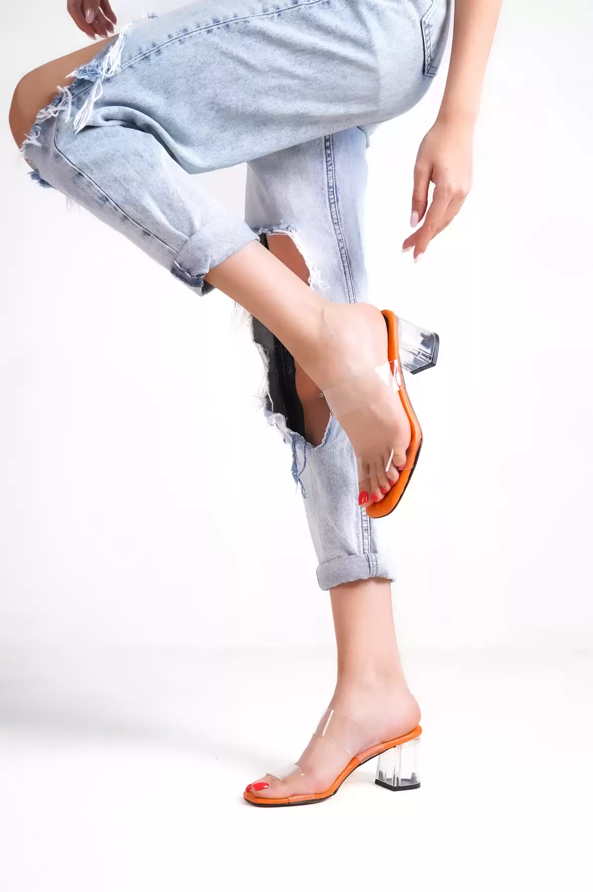 Orange-Black Female Transparent Heeled Shoes